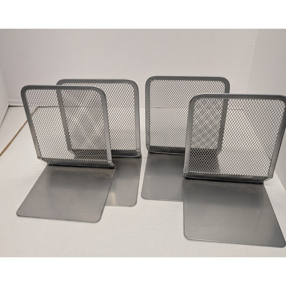 Steel Mesh Bookends Heavy Duty Wire Silver 5.25 x 4.75 x 6.75 Lot of 4 EUC